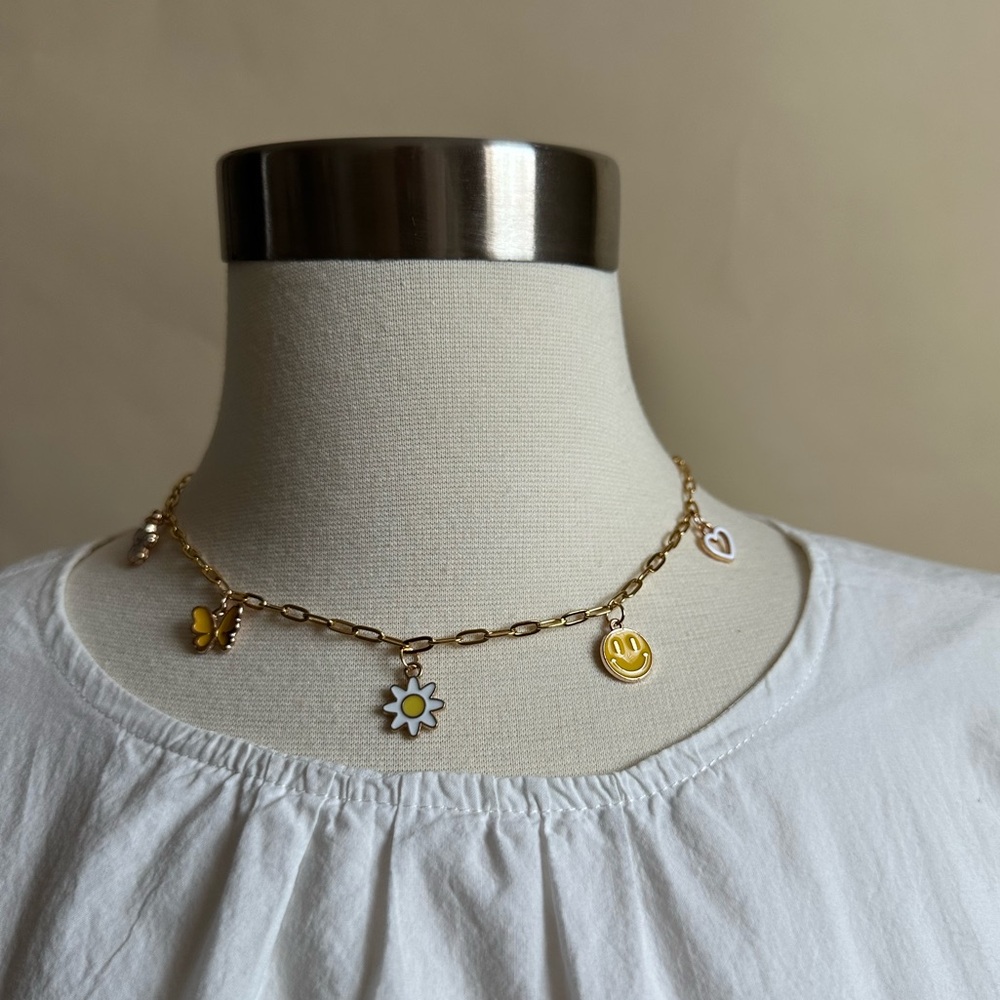 Gold Stainless Steel Charm Necklace / 16 Inches / 5 Charms